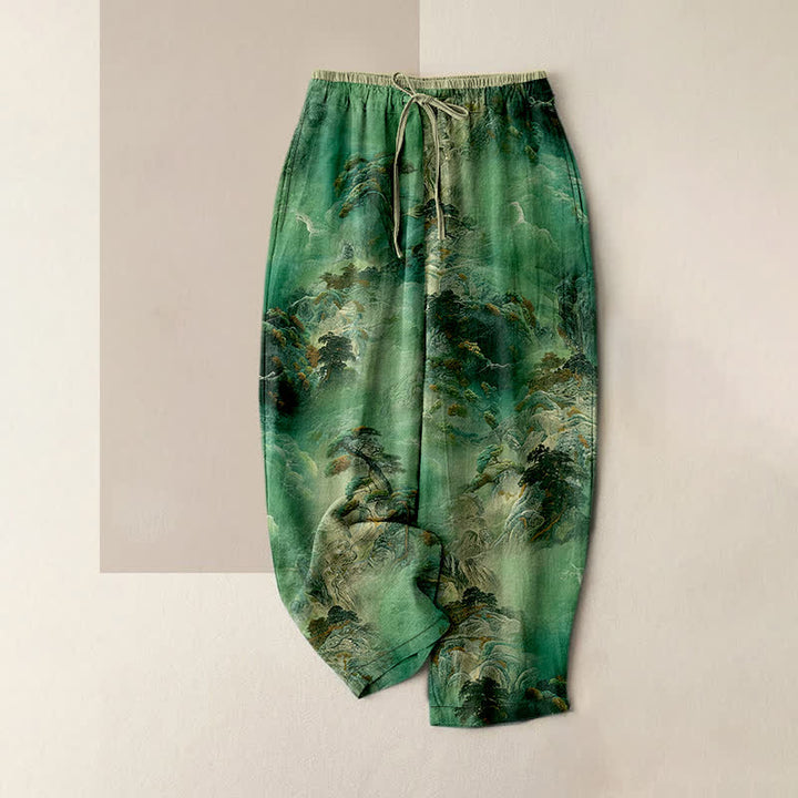 Buddha Stones Pantalones de mujer de algodón con estampado de paisaje montañoso lavado a la tinta y cintura elástica con bolsillos. - Verdemar - US16，UK/AU20，EU48 (3XL) - image 4