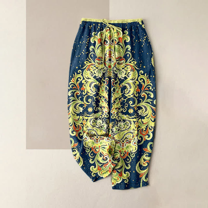Buddha Stones Pantalones de mujer de algodón puro con estampado floral paisley vibrante, cintura elástica y bolsillos. - Marina de guerra - US16，UK/AU20，EU48 (3XL) - image 0