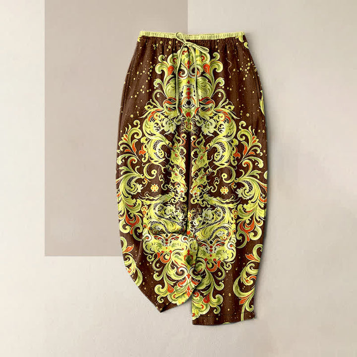 Buddha Stones Pantalones de mujer de algodón puro con estampado floral paisley vibrante, cintura elástica y bolsillos. - Marrón silla de montar - US16，UK/AU20，EU48 (3XL) - image 4