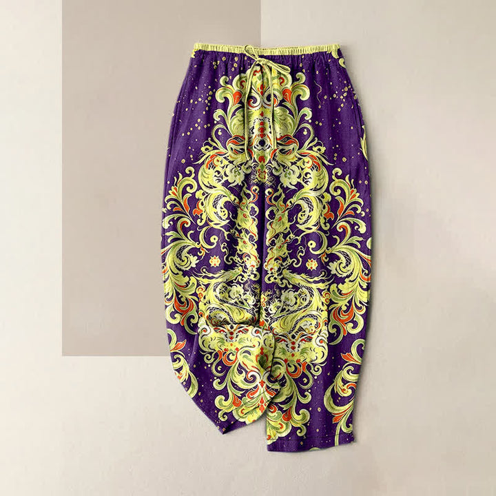Buddha Stones Pantalones de mujer de algodón puro con estampado floral paisley vibrante, cintura elástica y bolsillos. - Púrpura - US16，UK/AU20，EU48 (3XL) - image 5