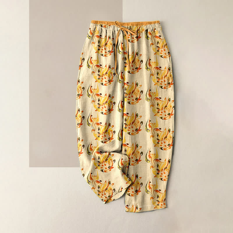 Buddha Stones Pantalones de mujer de algodón puro con estampado floral abstracto y cintura elástica, con bolsillos. - vara de oro pálida - US16，UK/AU20，EU48 (3XL) - image 0