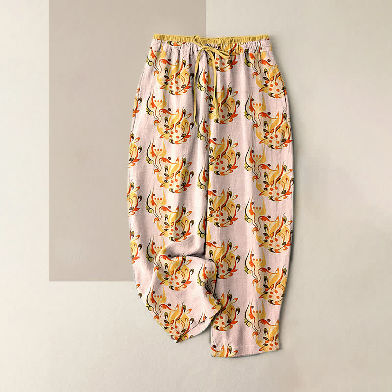Buddha Stones Pantalones de mujer de algodón puro con estampado floral abstracto y cintura elástica, con bolsillos. - rosa claro - US16，UK/AU20，EU48 (3XL) - image 3