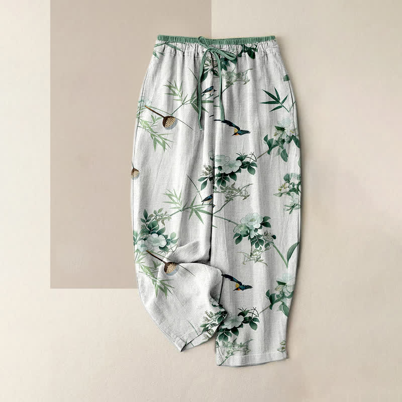 Buddha Stones Pantalones de mujer de algodón puro con estampado de flores de bambú en acuarela y pájaros, cintura elástica y bolsillos. - Blanco - US16，UK/AU20，EU48 (3XL) - image 0