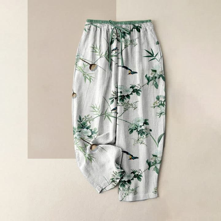 Buddha Stones Pantalones de mujer de algodón puro con estampado de flores de bambú en acuarela y pájaros, cintura elástica y bolsillos. - Blanco - US16，UK/AU20，EU48 (3XL) - image 0
