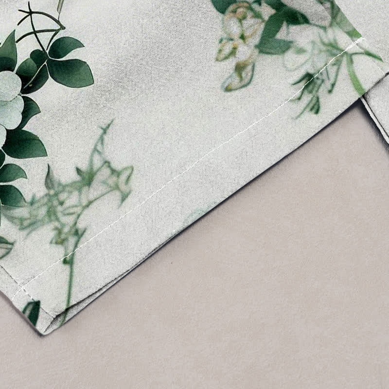 Buddha Stones Pantalones de mujer de algodón puro con estampado de flores de bambú en acuarela y pájaros, cintura elástica y bolsillos. - image 1