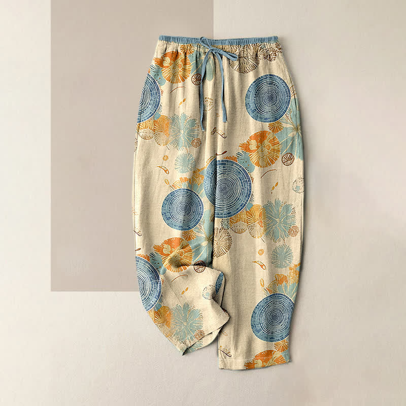 Buddha Stones Pantalones de mujer de algodón puro con estampado floral naranja y cintura elástica con bolsillos. - Beige - US16，UK/AU20，EU48 (3XL) - image 0