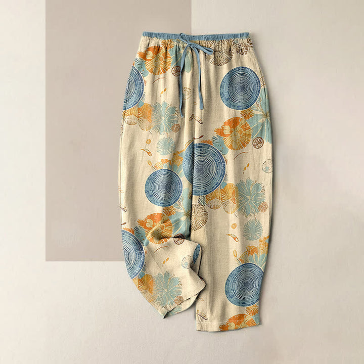 Buddha Stones Pantalones de mujer de algodón puro con estampado floral naranja y cintura elástica con bolsillos. - Beige - US16，UK/AU20，EU48 (3XL) - image 0