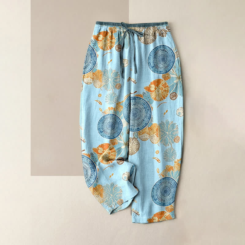 Buddha Stones Pantalones de mujer de algodón puro con estampado floral naranja y cintura elástica con bolsillos. - Azul claro - US16，UK/AU20，EU48 (3XL) - image 3
