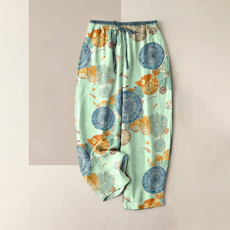 Buddha Stones Pantalones de mujer de algodón puro con estampado floral naranja y cintura elástica con bolsillos. - Aguamarina - US16，UK/AU20，EU48 (3XL) - image 4
