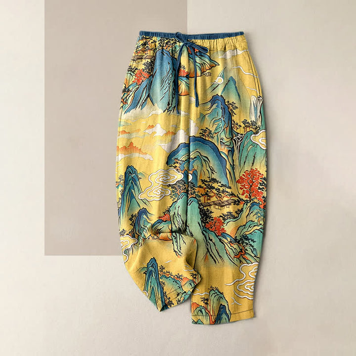 Buddha Stones Pantalones de mujer de algodón puro con estampado de niebla de montaña oriental y cintura elástica con bolsillos. - Oro - US16，UK/AU20，EU48 (3XL) - image 0