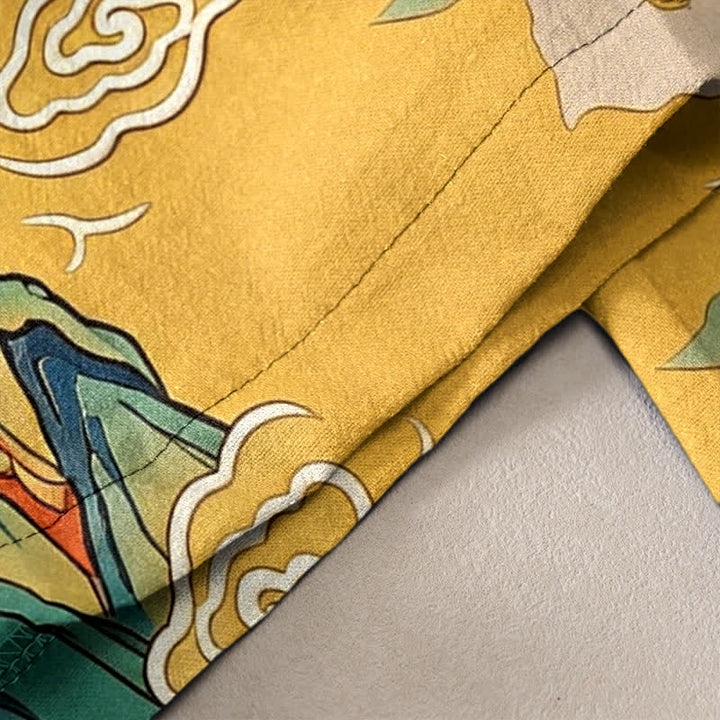 Buddha Stones Pantalones de mujer de algodón puro con estampado de niebla de montaña oriental y cintura elástica con bolsillos. - image 2