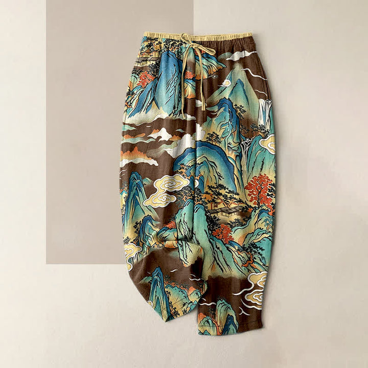 Buddha Stones Pantalones de mujer de algodón puro con estampado de niebla de montaña oriental y cintura elástica con bolsillos. - Marrón silla de montar - US16，UK/AU20，EU48 (3XL) - image 5