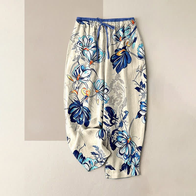 Buddha Stones Pantalones de mujer de algodón puro con estampado botánico índigo y cintura elástica con bolsillos. - Marfil - US16，UK/AU20，EU48 (3XL) - image 0
