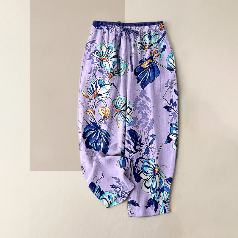 Buddha Stones Pantalones de mujer de algodón puro con estampado botánico índigo y cintura elástica con bolsillos. - Lavanda - US16，UK/AU20，EU48 (3XL) - image 3