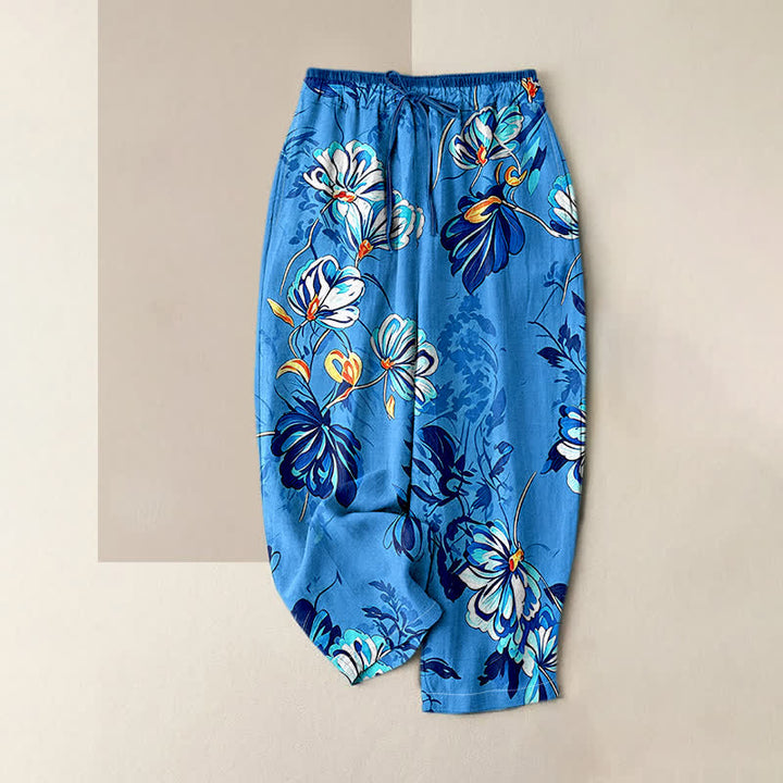 Buddha Stones Pantalones de mujer de algodón puro con estampado botánico índigo y cintura elástica con bolsillos. - DodgerBlue - US16，UK/AU20，EU48 (3XL) - image 4