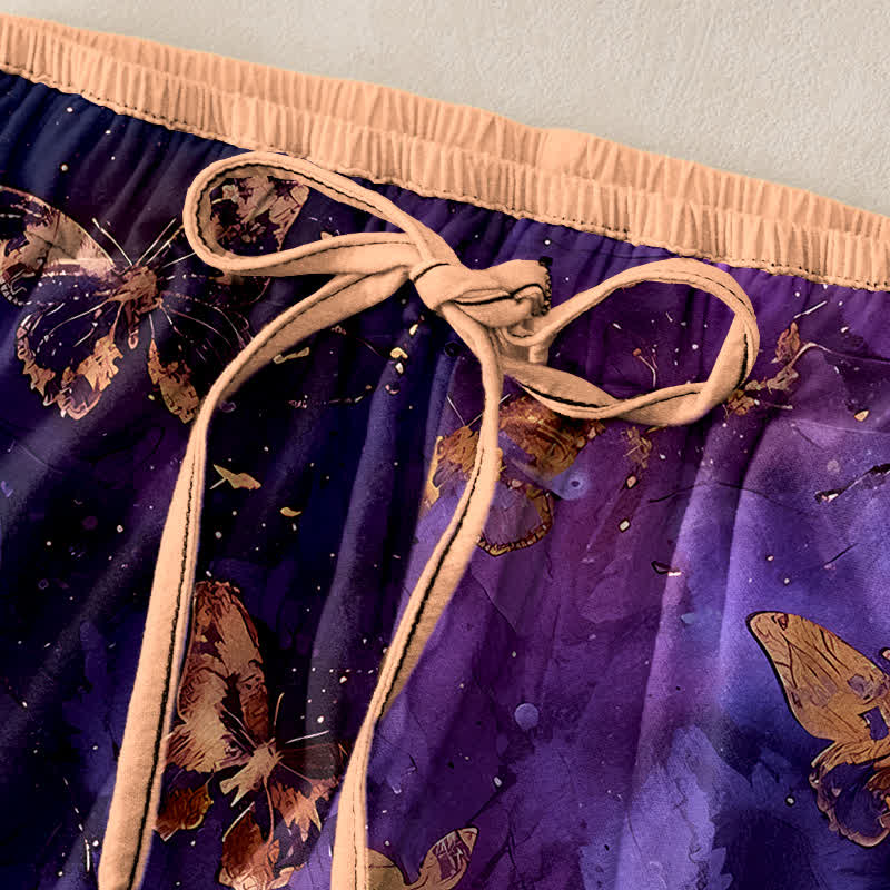 Buddha Stones Pantalones harem de algodón puro con estampado de mariposa dorada y cintura elástica para mujer. - image 1