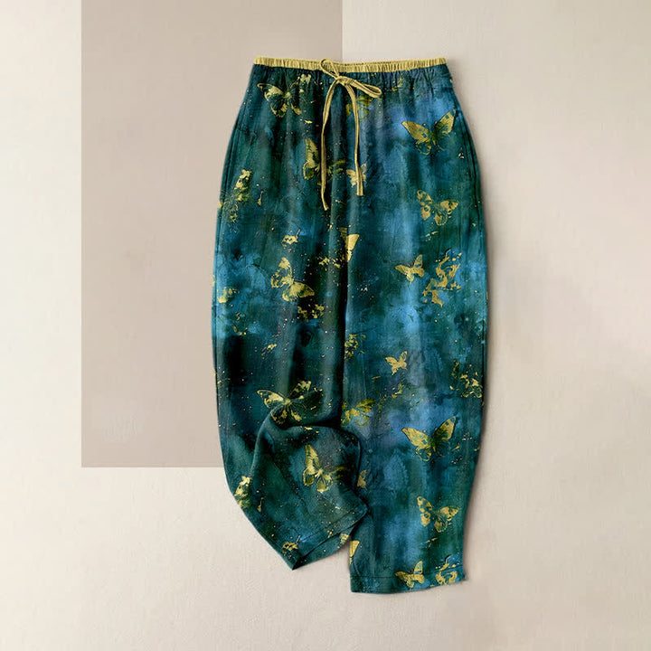 Buddha Stones Pantalones harem de algodón puro con estampado de mariposa dorada y cintura elástica para mujer. - Verde azulado - US16，UK/AU20，EU48 (3XL) - image 4