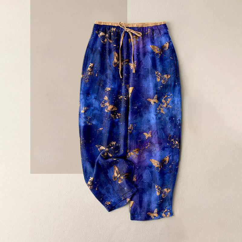 Buddha Stones Pantalones harem de algodón puro con estampado de mariposa dorada y cintura elástica para mujer. - Azul real - US16，UK/AU20，EU48 (3XL) - image 5