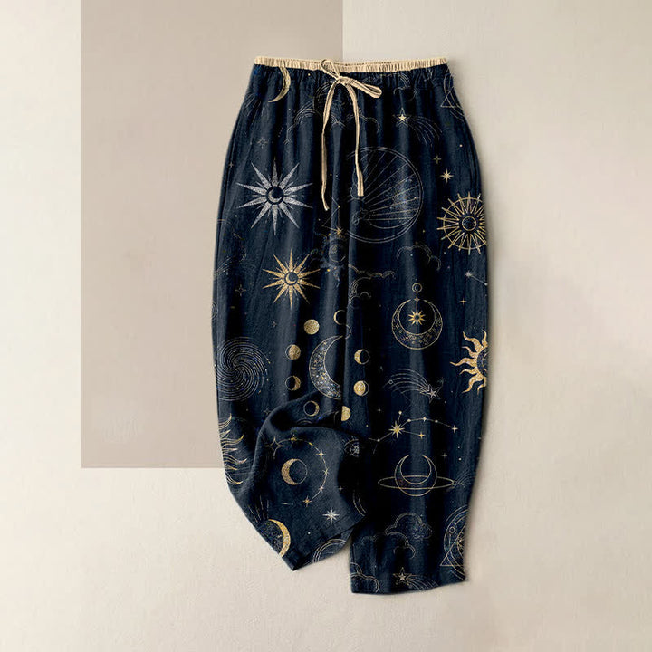 Buddha Stones Pantalones de mujer de algodón puro con estampado de sol, luna y estrellas, cintura elástica y bolsillos. - Azul medianoche - US16，UK/AU20，EU48 (3XL) - image 0