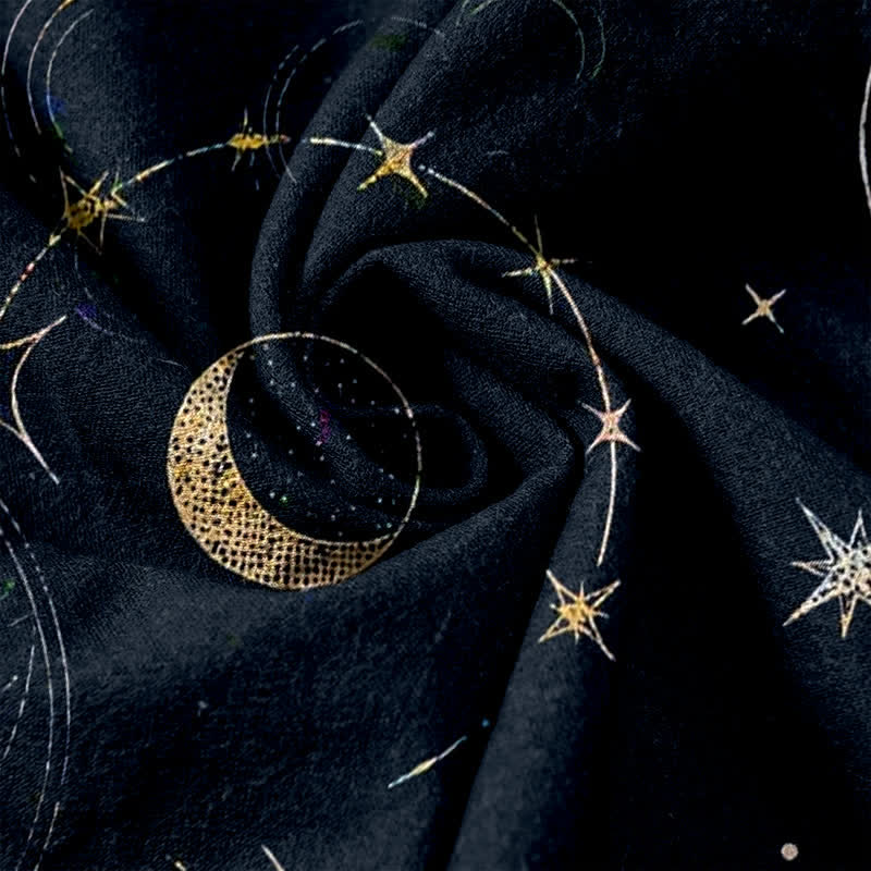 Buddha Stones Pantalones de mujer de algodón puro con estampado de sol, luna y estrellas, cintura elástica y bolsillos. - image 3