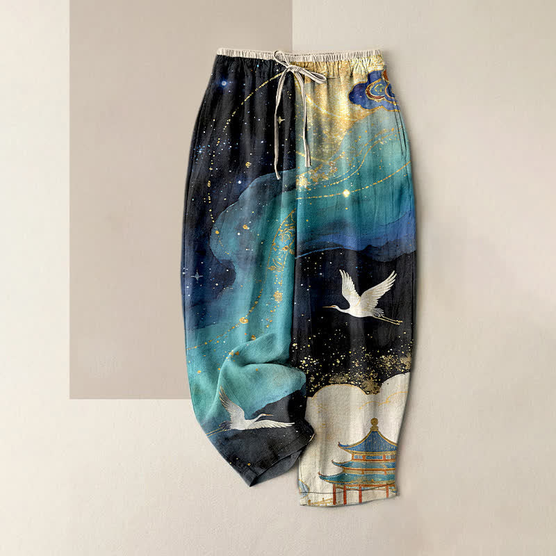 Buddha Stones Pantalones de mujer de algodón puro con estampado de grulla oriental en acuarela, cintura elástica y bolsillos. - Turquesa - US16，UK/AU20，EU48 (3XL) - image 0