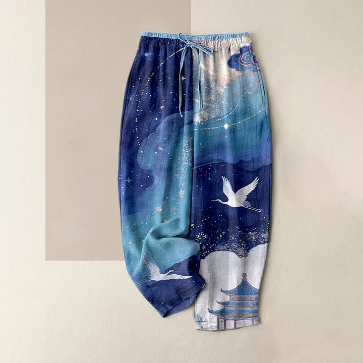 Buddha Stones Pantalones de mujer de algodón puro con estampado de grulla oriental en acuarela, cintura elástica y bolsillos. - Marina de guerra - US16，UK/AU20，EU48 (3XL) - image 4