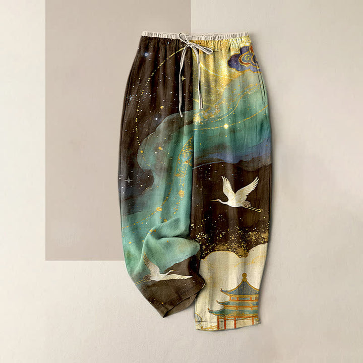 Buddha Stones Pantalones de mujer de algodón puro con estampado de grulla oriental en acuarela, cintura elástica y bolsillos. - Aguamarina medio - US16，UK/AU20，EU48 (3XL) - image 5