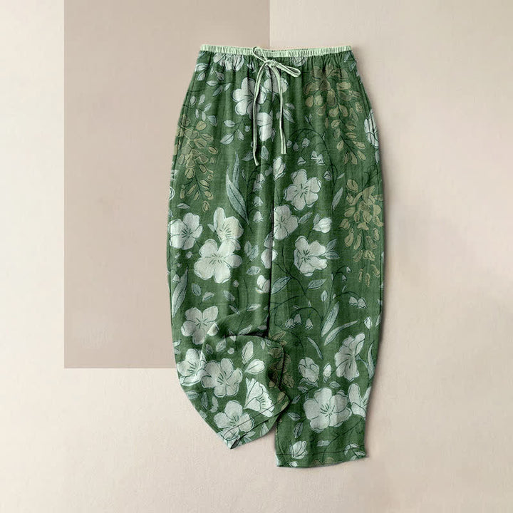 Buddha Stones Pantalones de mujer de algodón puro con estampado floral, cintura elástica y bolsillos. - Verdemar - US16，UK/AU20，EU48 (3XL) - image 4