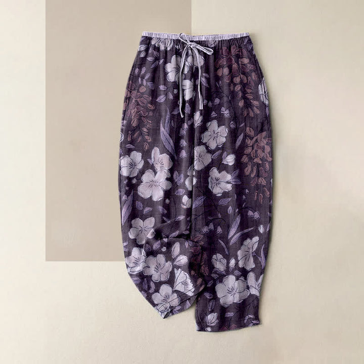 Buddha Stones Pantalones de mujer de algodón puro con estampado floral, cintura elástica y bolsillos. - Púrpura - US16，UK/AU20，EU48 (3XL) - image 5