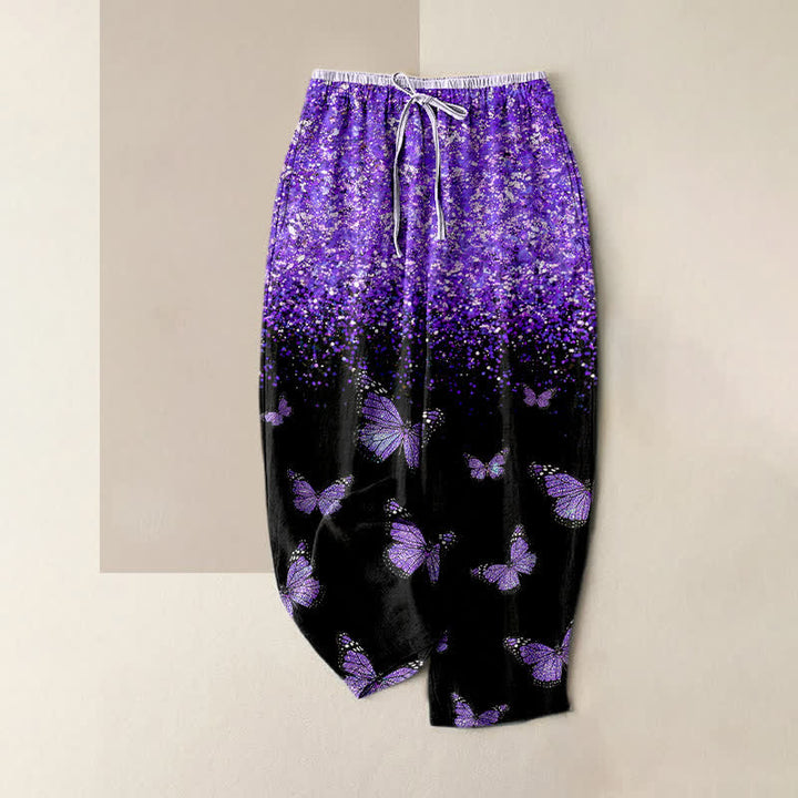 Buddha Stones Pantalones de mujer de algodón puro con estampado de mariposas degradadas y cintura elástica con bolsillos. - Violeta azul - US16，UK/AU20，EU48 (3XL) - image 0