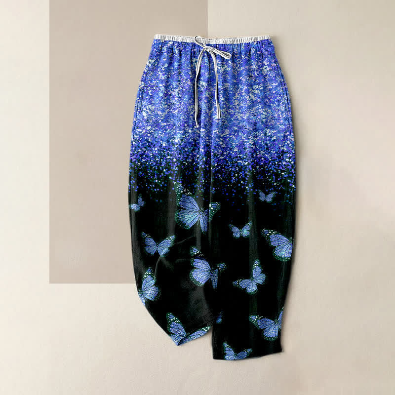 Buddha Stones Pantalones de mujer de algodón puro con estampado de mariposas degradadas y cintura elástica con bolsillos. - Azul real - US16，UK/AU20，EU48 (3XL) - image 4