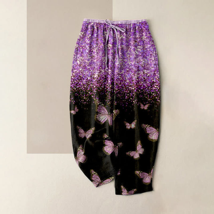 Buddha Stones Pantalones de mujer de algodón puro con estampado de mariposas degradadas y cintura elástica con bolsillos. - Orquídea Oscura - US16，UK/AU20，EU48 (3XL) - image 5