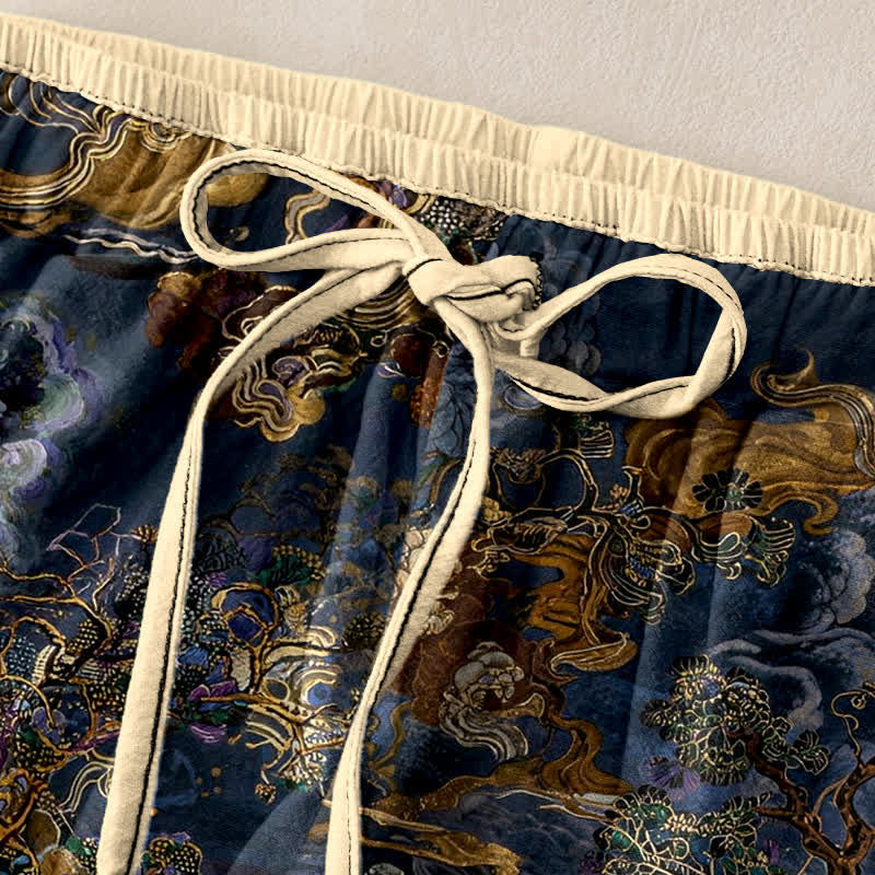 Buddha Stones Pantalones de mujer de algodón puro con estampado oriental de nubes doradas y cintura elástica con bolsillos. - image 1