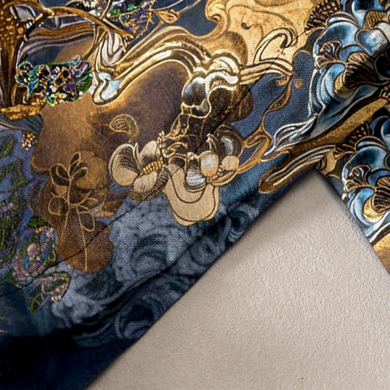 Buddha Stones Pantalones de mujer de algodón puro con estampado oriental de nubes doradas y cintura elástica con bolsillos. - image 2
