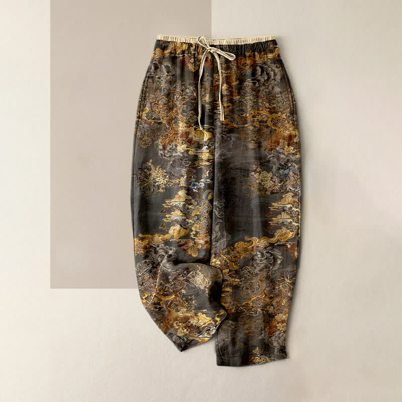 Buddha Stones Pantalones de mujer de algodón puro con estampado oriental de nubes doradas y cintura elástica con bolsillos. - Gris oscuro - US16，UK/AU20，EU48 (3XL) - image 4