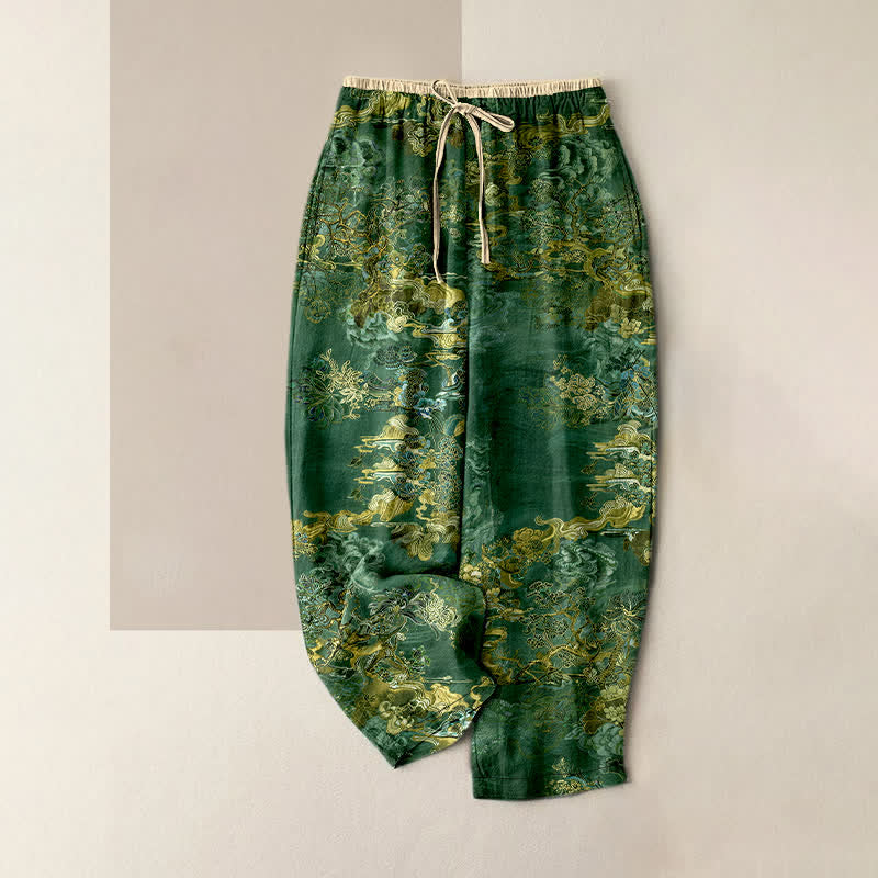 Buddha Stones Pantalones de mujer de algodón puro con estampado oriental de nubes doradas y cintura elástica con bolsillos. - Verde bosque - US16，UK/AU20，EU48 (3XL) - image 5