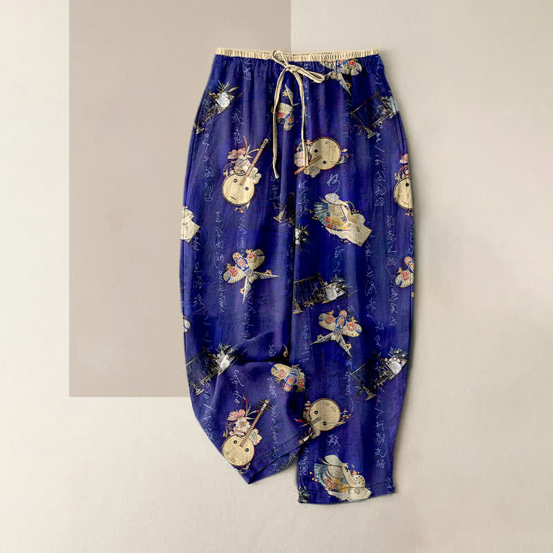Buddha Stones Pantalones de mujer de algodón puro con estampado floral pequeño y cintura elástica con bolsillos. - Azul real - US16，UK/AU20，EU48 (3XL) - image 0
