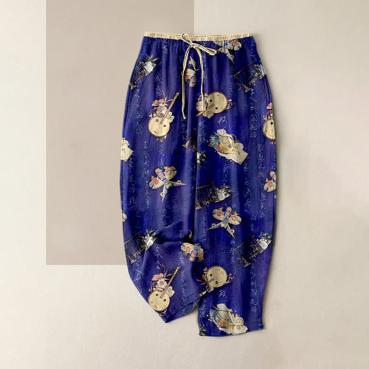 Buddha Stones Pantalones de mujer de algodón puro con estampado floral pequeño y cintura elástica con bolsillos. - Azul real - US16，UK/AU20，EU48 (3XL) - image 0