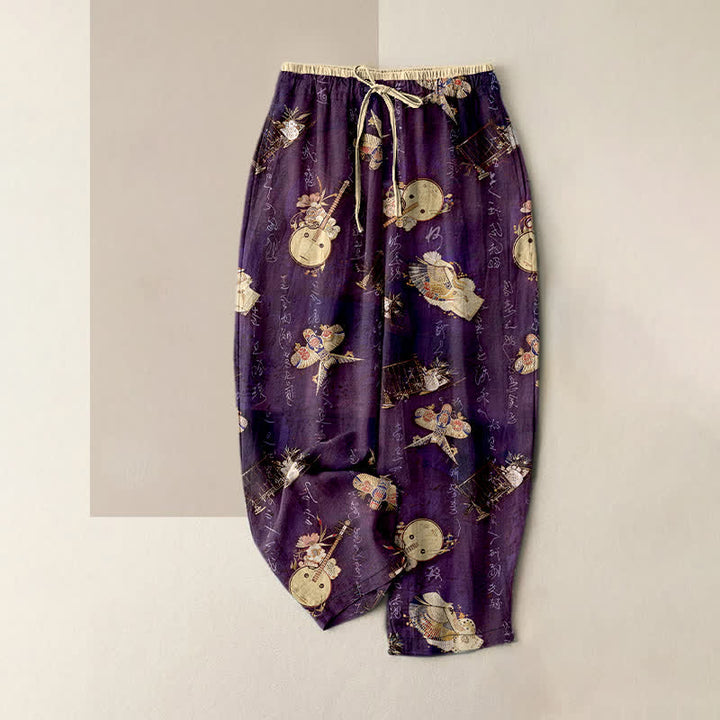 Buddha Stones Pantalones de mujer de algodón puro con estampado floral pequeño y cintura elástica con bolsillos. - Púrpura - US16，UK/AU20，EU48 (3XL) - image 4