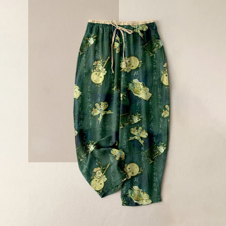 Buddha Stones Pantalones de mujer de algodón puro con estampado floral pequeño y cintura elástica con bolsillos. - Verde bosque - US16，UK/AU20，EU48 (3XL) - image 5