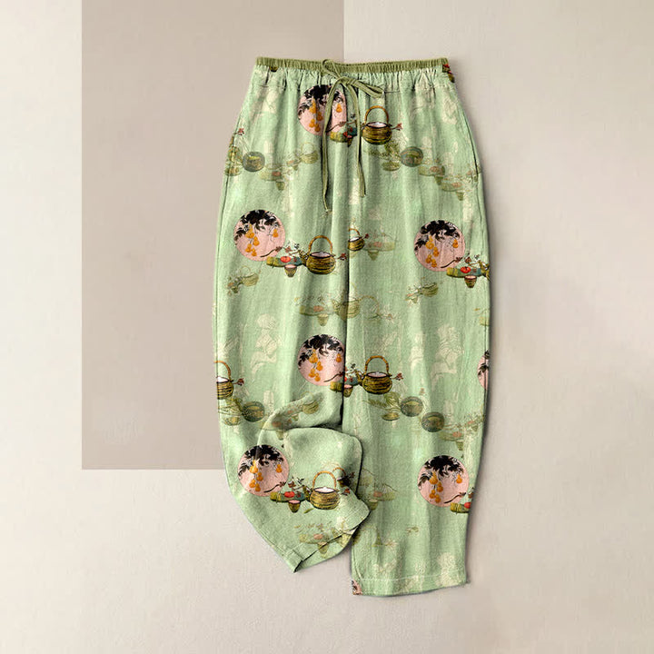 Buddha Stones Pantalones de mujer de algodón puro con estampado floral oriental y cintura elástica, con bolsillos. - Verde pálido - US16，UK/AU20，EU48 (3XL) - image 0