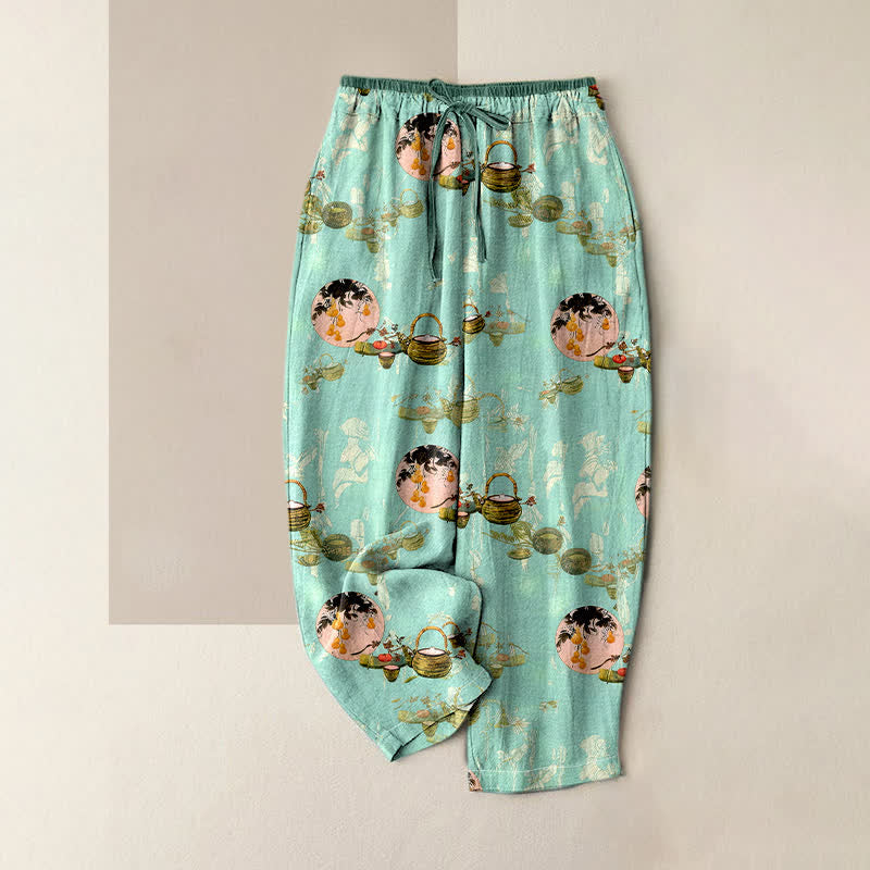Buddha Stones Pantalones de mujer de algodón puro con estampado floral oriental y cintura elástica, con bolsillos. - Turquesa - US16，UK/AU20，EU48 (3XL) - image 3