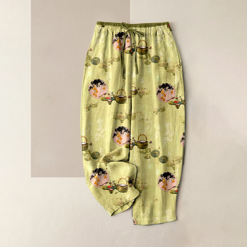 Buddha Stones Pantalones de mujer de algodón puro con estampado floral oriental y cintura elástica, con bolsillos. - Caqui - US16，UK/AU20，EU48 (3XL) - image 4