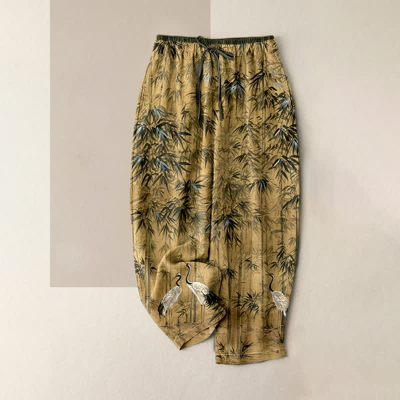 Buddha Stones Pantalones de mujer de algodón puro con estampado oriental de grullas de bambú y cintura elástica con bolsillos. - Caqui - US16，UK/AU20，EU48 (3XL) - image 0