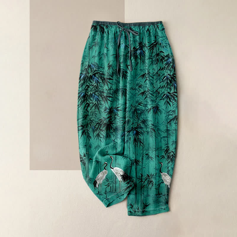 Buddha Stones Pantalones de mujer de algodón puro con estampado oriental de grullas de bambú y cintura elástica con bolsillos. - Turquesa - US16，UK/AU20，EU48 (3XL) - image 4