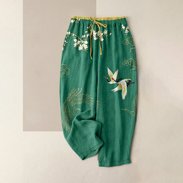 Buddha Stones Pantalones de mujer de algodón puro con estampado floral de grullas voladoras, cintura elástica y bolsillos. - Verde bosque - US16，UK/AU20，EU48 (3XL) - image 0
