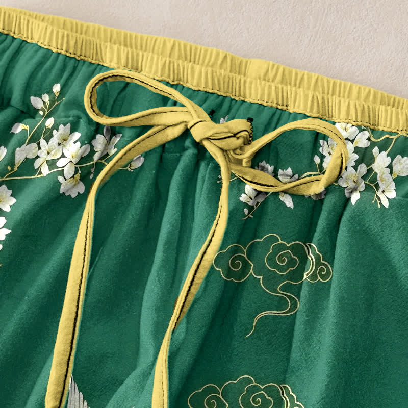 Buddha Stones Pantalones de mujer de algodón puro con estampado floral de grullas voladoras, cintura elástica y bolsillos. - image 1