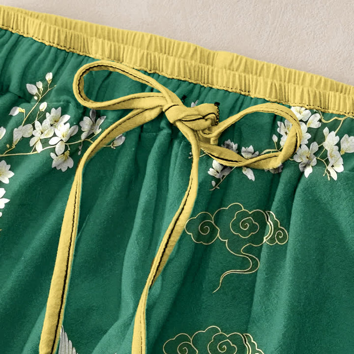Buddha Stones Pantalones de mujer de algodón puro con estampado floral de grullas voladoras, cintura elástica y bolsillos. - image 1