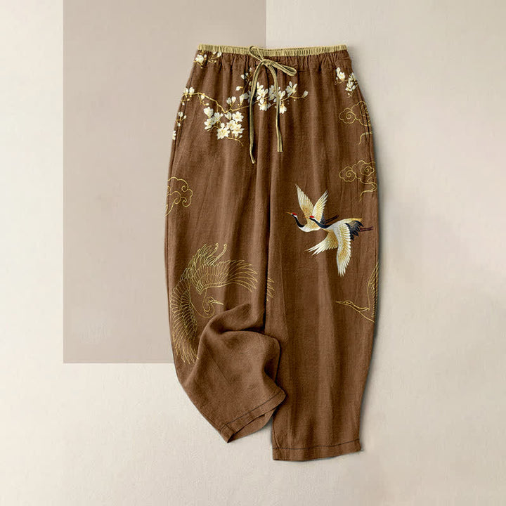 Buddha Stones Pantalones de mujer de algodón puro con estampado floral de grullas voladoras, cintura elástica y bolsillos. - Marrón - US16，UK/AU20，EU48 (3XL) - image 4