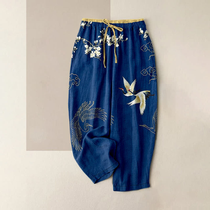 Buddha Stones Pantalones de mujer de algodón puro con estampado floral de grullas voladoras, cintura elástica y bolsillos. - Marina de guerra - US16，UK/AU20，EU48 (3XL) - image 5